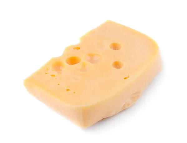 Stück Käse Mit Großen Löchern Gelber Farbe Auf Weißem Hintergrund — Stockfoto