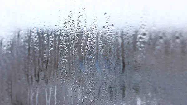 Fundo Condensação Gotas Água Vidro Umidade Nevoeiro Atrás Vidro Mau — Fotografia de Stock
