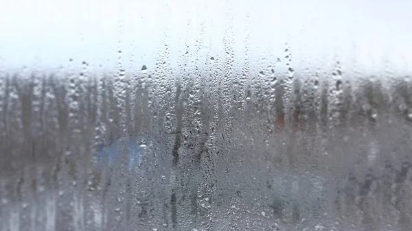 Fundo Condensação Gotas Água Vidro Umidade Nevoeiro Atrás Vidro Mau — Fotografia de Stock