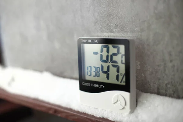 Measurement of the temperature and humidity,  thermometer and hygrometer on a window with snow on the background of frozen glass
