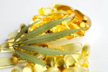 Tıbbi esrar ürünleri, yaprak, kapsüller ve beyaz arka planda CBD yağı. Biyolojik bitkisel bitkilerle birlikte jelatin softgeller. Organik beslenme takviyeleri