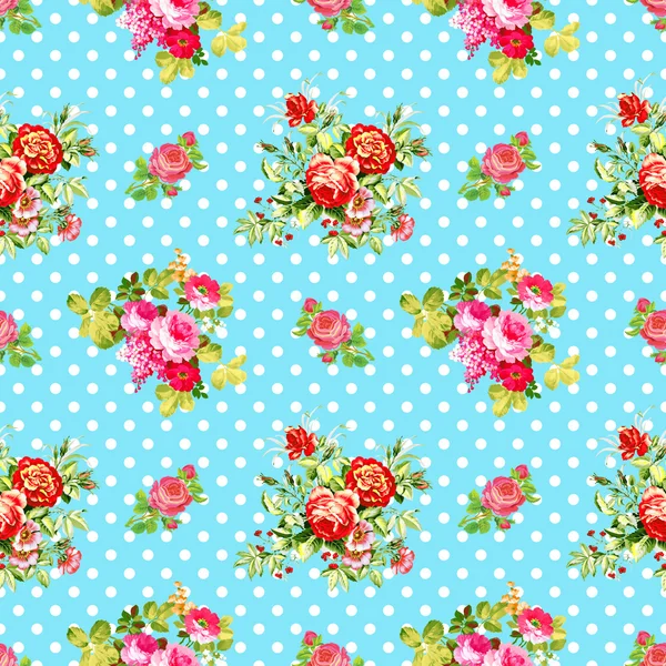 Roses with light blue polka dot pattern, seamless texture background — Stock Photo, Image