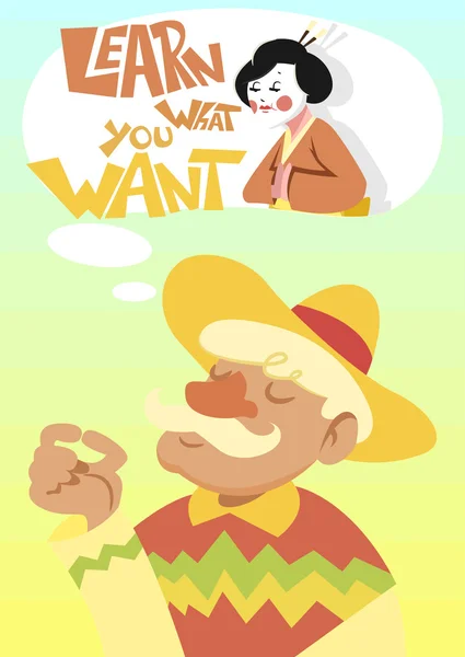 Komik vektör kartı. İspanyol bir yaşlı adamla ne istediğini öğrenmek