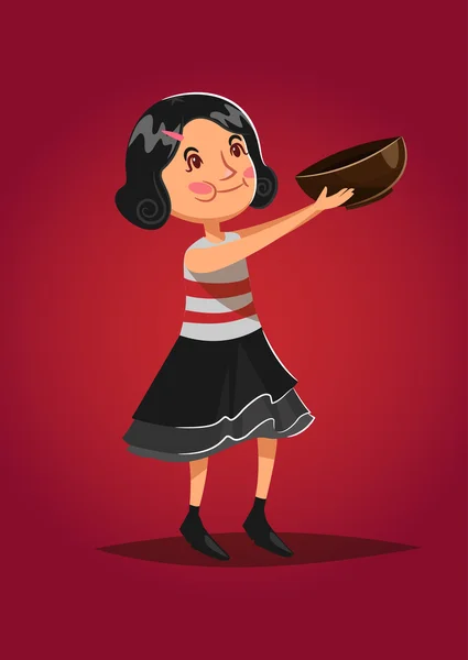 Sevimli vektör çizim. Ahşap kase İspanyol küçük kızla