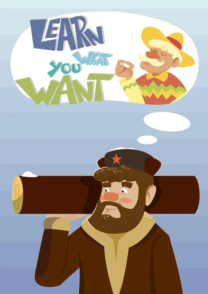 Bir Rus adamla komik vektör kartı. Ne istediğini öğrenmek