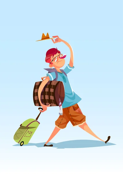 Funy adam bir sürü çantan yaz tatili için gidiyor. Vektör çizim