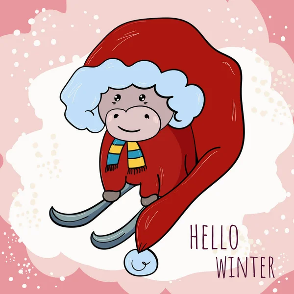 Jolie Vache Taureau Image Père Noël Sur Les Skis Illustration — Image vectorielle