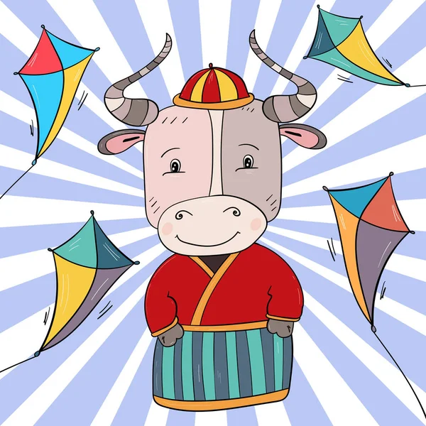 Vaca Bonito Bull Pipas Vector Ilustração Férias Para Crianças Ano —  Vetores de Stock