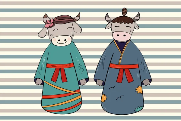 Vaca Animal Touro Kokeshi Samurai Geisha Estilo Asiático Ilustração Vetorial —  Vetores de Stock