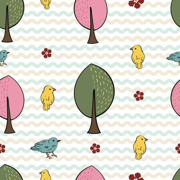 Trees Birds Flowers Cute Wallpaper Repeating Seamless Pattern Vector Floral — Stock Vector