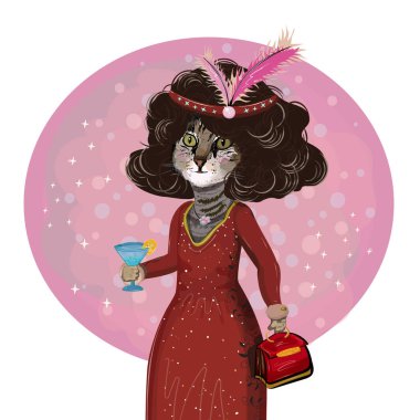 Sanat Deco Tarzı İnsanileştirilmiş Sevimli Kedi Kadın. Moda Vektörü illüstrasyonu, Retro biçim aksesuarları.