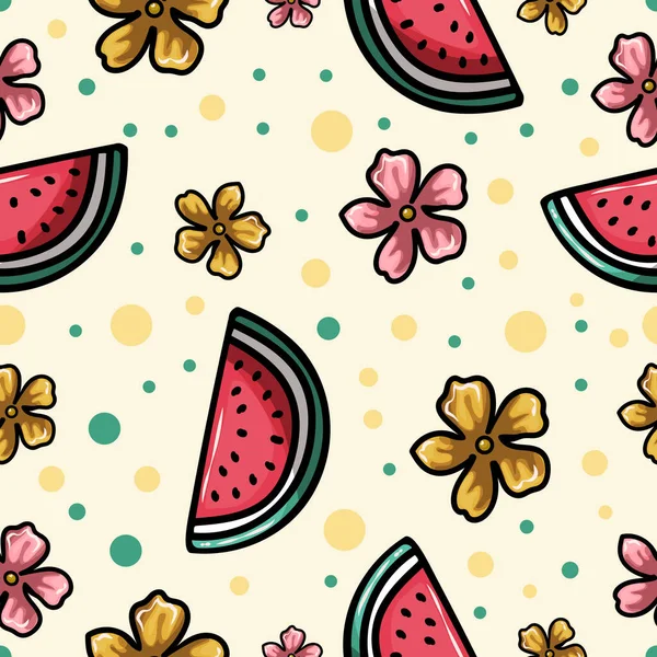 Pastèque Tranches Fruits Tropicaux Fleurs Vecteur Milieux Sans Couture — Image vectorielle