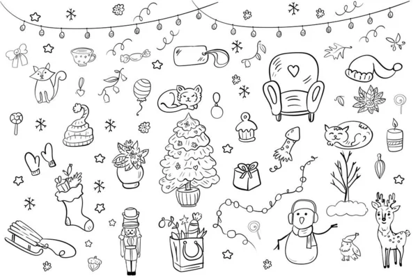 New Year Christmas Illustration Holiday Attributes Coloring Page Book — Stock Vector