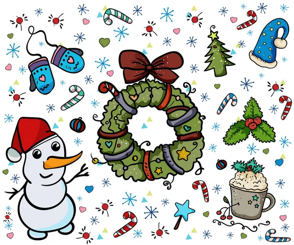 Brinquedos Natal Decorações Bonito Boneco Neve Santa Chapéu Cartoon Vector — Vetor de Stock