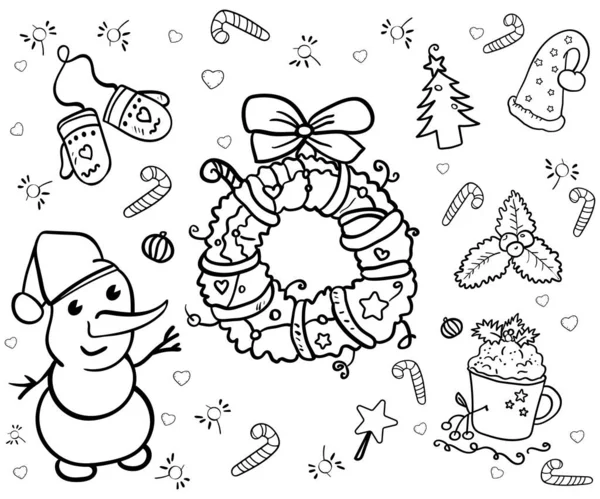 Colorir Natal Com Brinquedos Grinalda Natal Santa Cap Etc Ilustração — Vetor de Stock