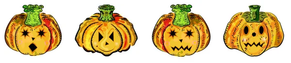 Carino Zucche Halloween Con Diverse Emozioni Facciali Vettoriale Cartone Animato — Vettoriale Stock