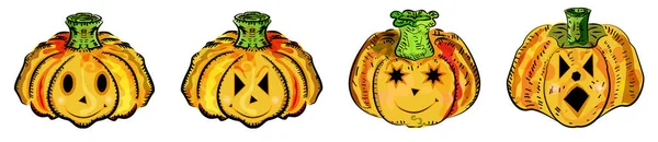 Carino Zucche Halloween Con Diverse Emozioni Facciali Vector Cartoons Clip — Vettoriale Stock