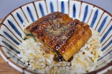 Unagi Kabayaki (ızgara yılan balığı) Japon bir süpermarketten alınmış pirinç kasesi.