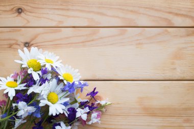 Ahşap arka plan üzerinde kır çiçekleri