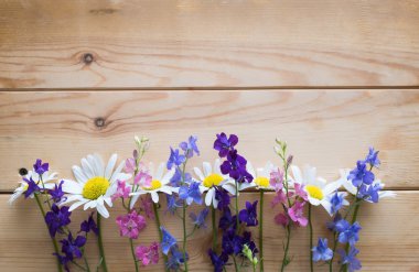 Ahşap arka plan üzerinde kır çiçekleri