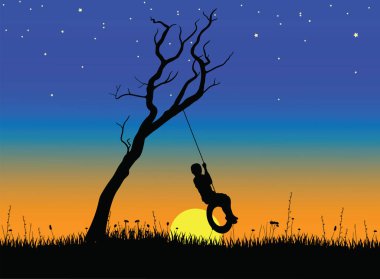 Salıncaktaki küçük çocuk, ağaçlar ve yıldızlarla