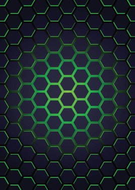 Siyah arka planda yeşil ışıklandırmalı fütürist koyu mavi altıgenler.