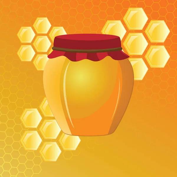 Kruik Met Honing Achtergrond Van Zeshoeken — Stockvector