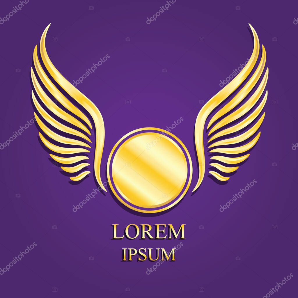 Winged gold circle logo on violet background / vector illustration