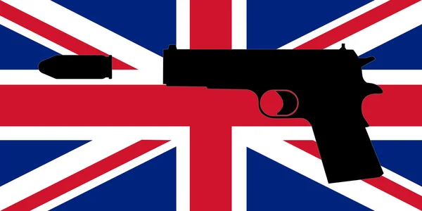 Gun bűnözés, az Egyesült Királyságban - pisztoly a háttérben a Union Jack — Stock Fotó