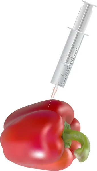 Pestizide - eine Spritze, die in eine rote Paprika klebt — Stockvektor