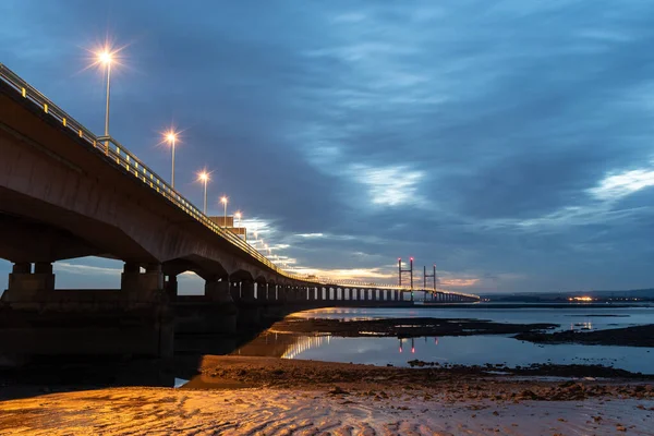 Most Prince Walesu Při Západu Slunce Přejíždí Řeku Severn — Stock fotografie