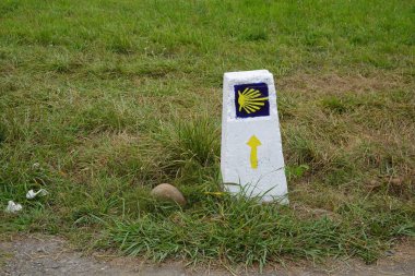 Sarı deniz tarağı kabuğu ve ok ile beyaz kilometre taşı Camino de Santiago 'nun yönünü gösteriyor.