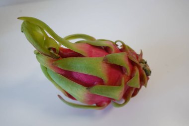 Yeşil pullu canlı pembe ejder meyvesi (pitaya), beyaz arka planda taze tropikal yiyecek, yakın plan stüdyo çekimi