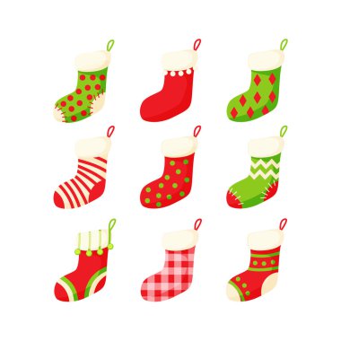 Beyaz arkaplanda izole edilmiş bir çizgi film düz stili ile Noel çorap setinin vektör çizimi.