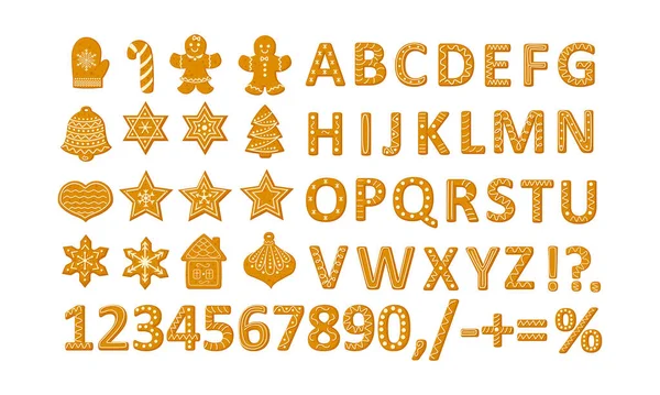 Yıldızlı zencefilli Noel kurabiyeleri Noel ağacı, kızıl adam, alfabe ve sayı vektörü.