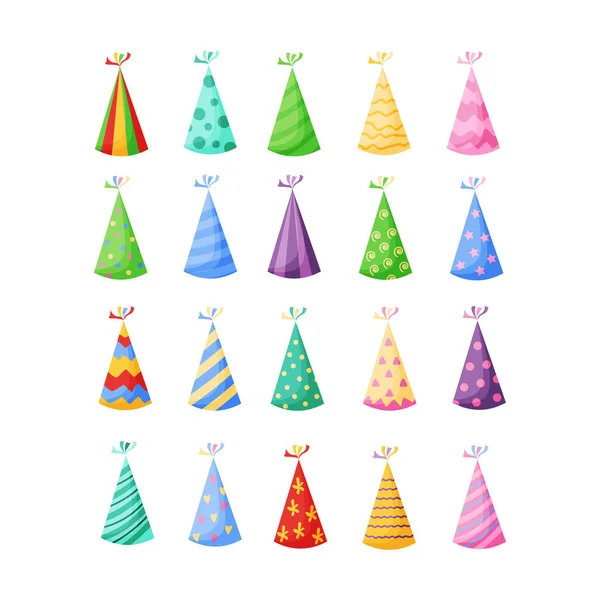 Cappelli festa di compleanno set vettoriale illustrazione in un cartone animato stile piatto isolato su sfondo bianco — Vettoriale Stock