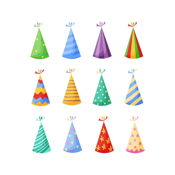 Sombreros de fiesta de cumpleaños conjunto vector ilustración en un estilo plano de dibujos animados aislados sobre fondo blanco. — Vector de stock