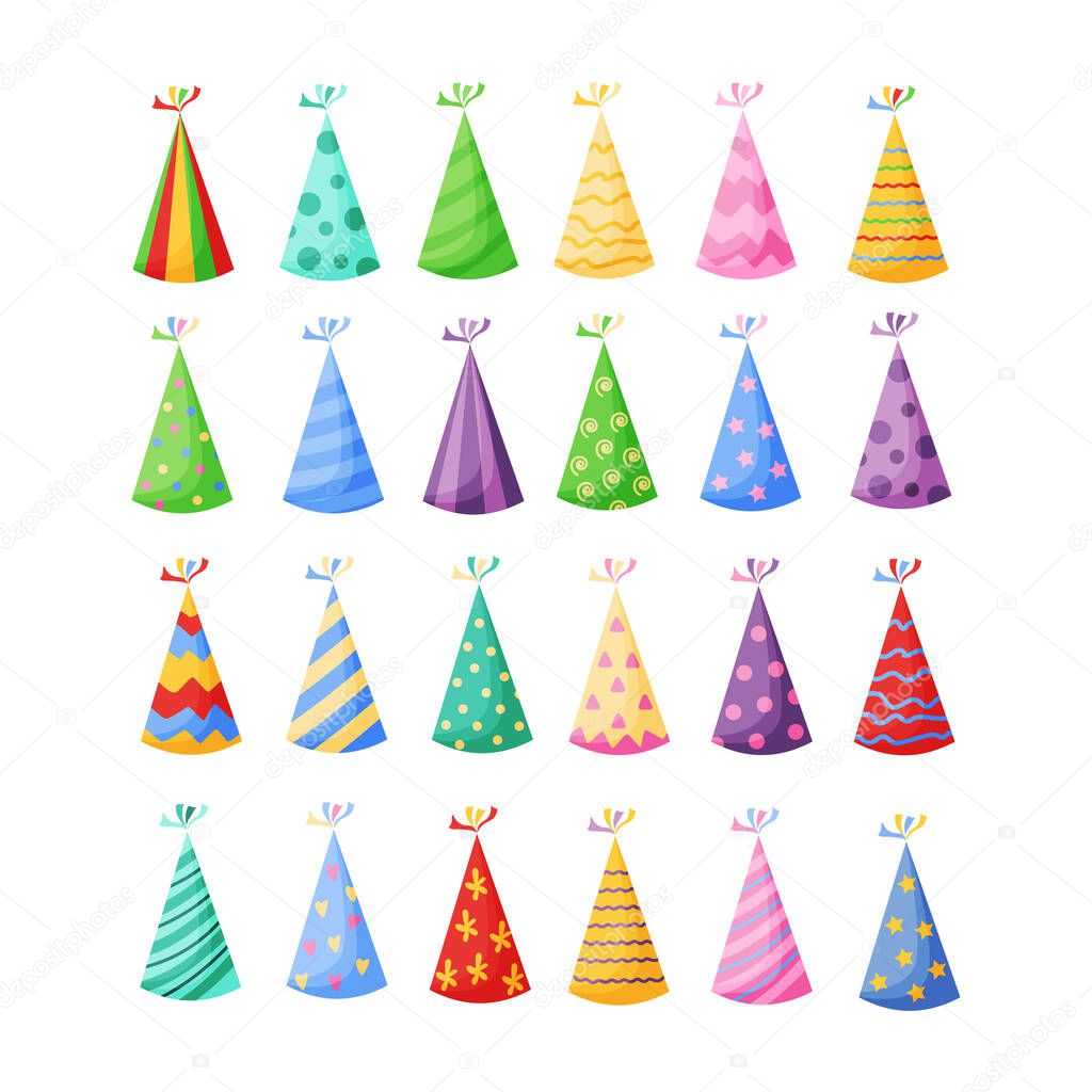 Birthday party hats set vector illustration in a cartoon flat style isolated on white background.