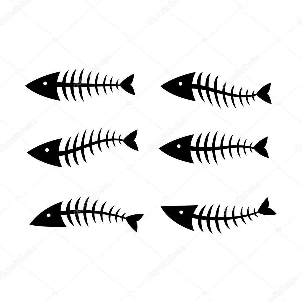 Fish bone or skeleton set vector illustration in a cartoon flat style isolated on white background. Fishbone silhouette with different form.