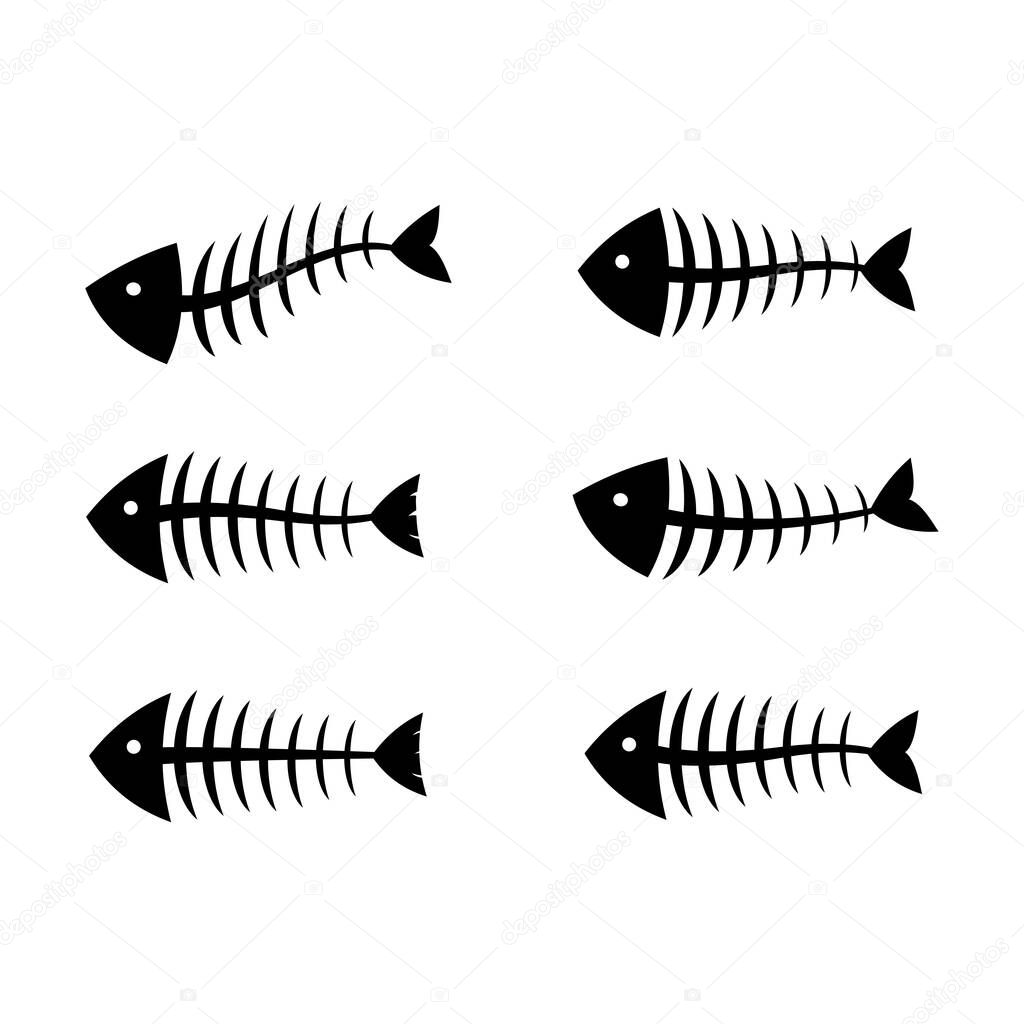 Fish bone or skeleton set vector illustration in a cartoon flat style isolated on white background. Fishbone silhouette with different form.