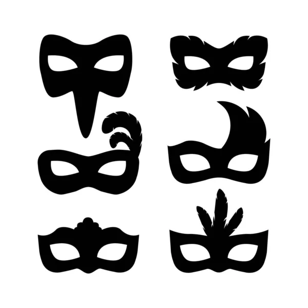Carnaval festivo máscaras silueta conjunto vector ilustración — Vector de stock