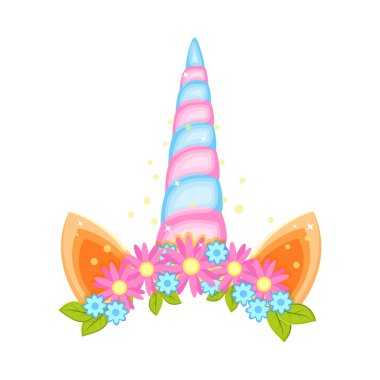 Farklı çiçekleri, kulakları ve boynuzu olan tek boynuzlu at tacı..