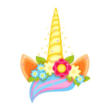 Farklı çiçekleri, kulakları ve boynuzu olan tek boynuzlu at tacı.. 