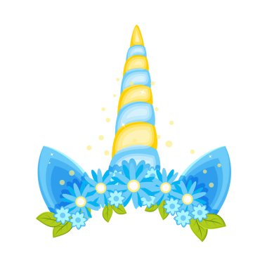 Farklı çiçekleri, kulakları ve boynuzu olan tek boynuzlu at tacı.. 