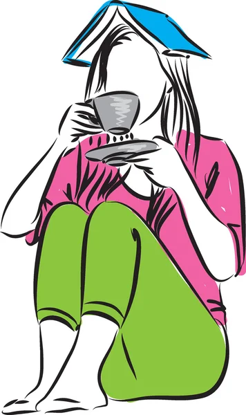 Mulher com livro e xícara de café ilustração — Vetor de Stock