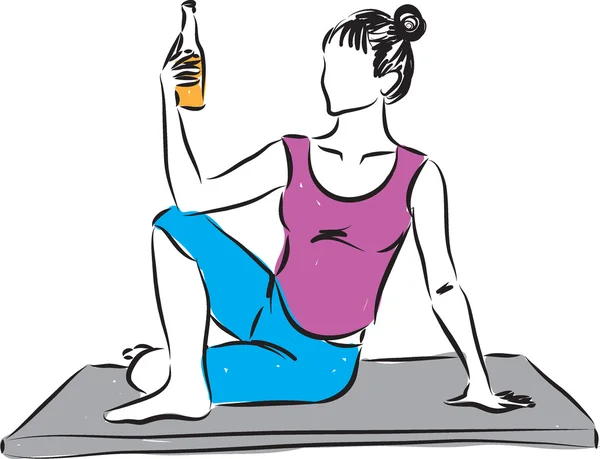 Mujer yoga beber cerveza ilustración — Vector de stock