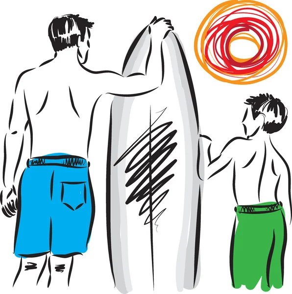 Hombre y niño surfistas ilustración . — Vector de stock