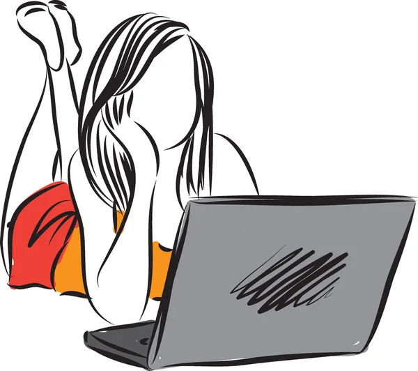Γυναίκα στο μπροστινό μέρος A σκέψης εικονογράφηση Laptop — Διανυσματικό Αρχείο