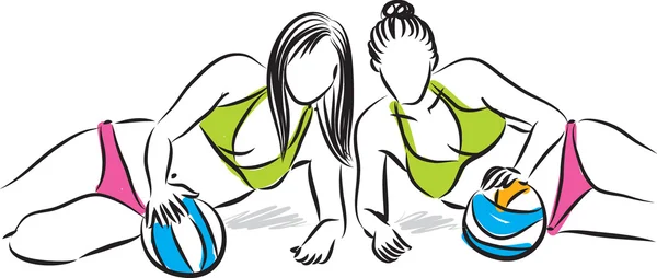 Vôlei de praia mulheres jogadores ilustração — Vetor de Stock