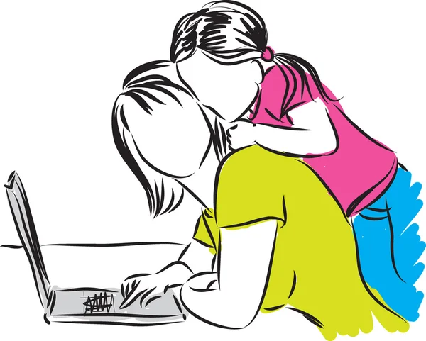Мама и дочь на иллюстрации к компьютеру — стоковый вектор